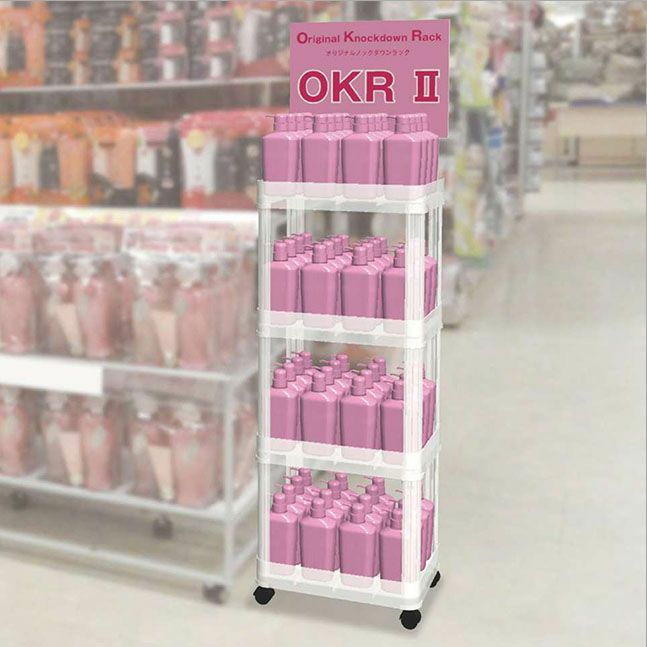 販促什器・コンパクトで軽量な樹脂製什器OKRⅡの使用イメージ