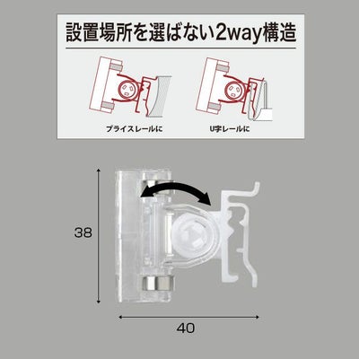 棚の仕切りアイテム・ミニカテゴリークリップのサイズ案内画像で、プライスレールやU字レールに取り付けるイメージ図が書かれています