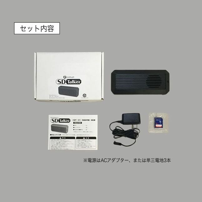 ＳＤトーカーのセット内容の画像で、本体、説明書、専用コード、SDカード、専用箱が写っている
