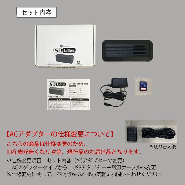 ＳＤトーカーのセット内容の画像で、本体、説明書、専用コード、SDカード、専用箱が写っている