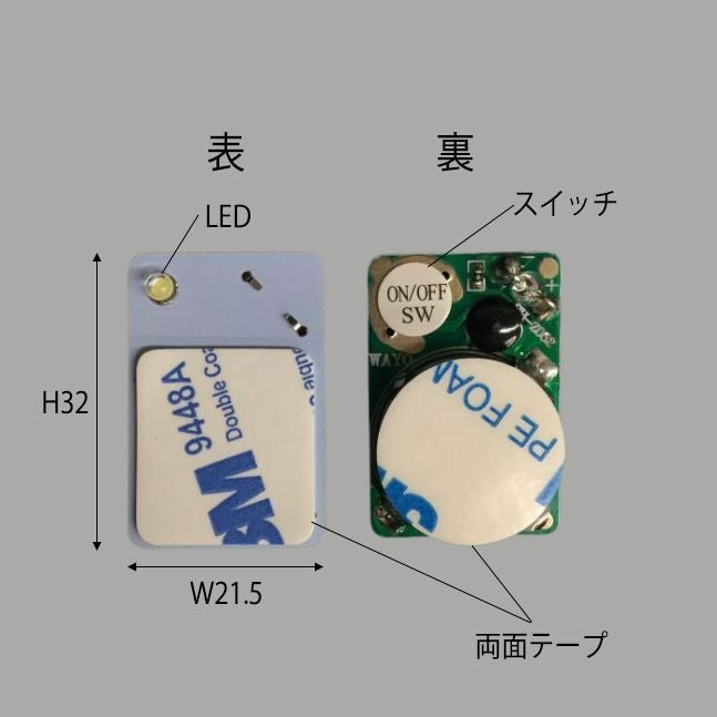 小型電池式ＬＥＤ「ＨＡＮＡＢＩ１球」の商品説明画でサイズ表記高さ32mm横21.5mm、裏にはスイッチあり